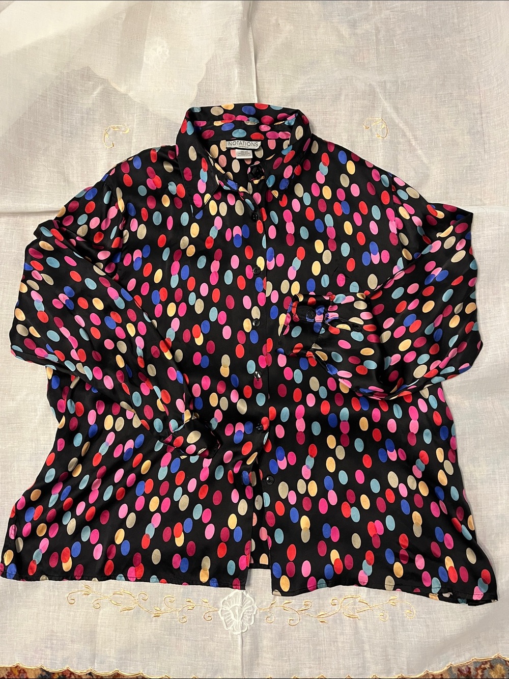 Notations 100%silk Black Multicolor Polka Dot Button-Down Blouse